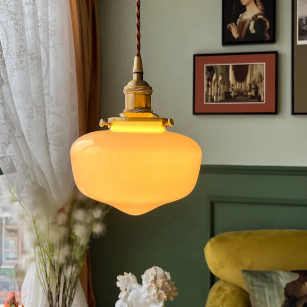 Retro Exquisite Brass Lantern Glass Pendant Light