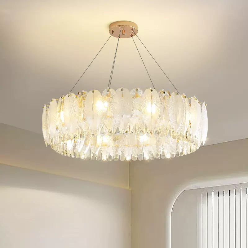 American Luxury Feather Shape Crystal Glass Round Chandelier