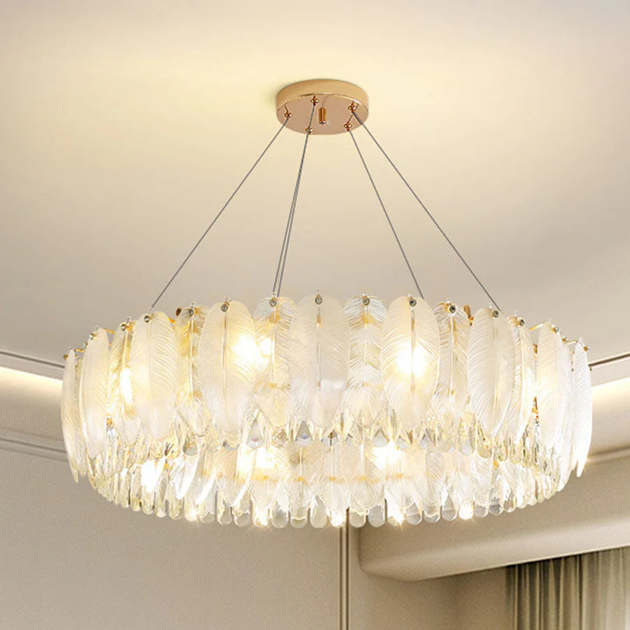 American Luxury Feather Shape Crystal Glass Round Chandelier