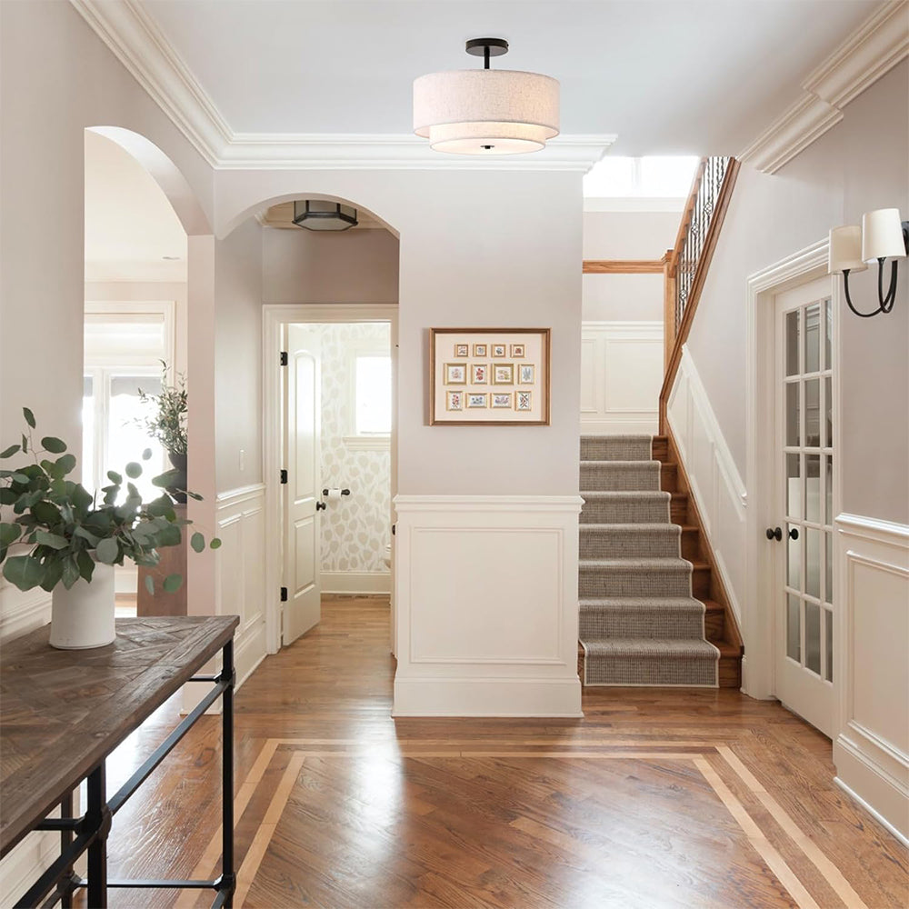 Simple 3-Light Round Double Drum Fabric Ceiling Light