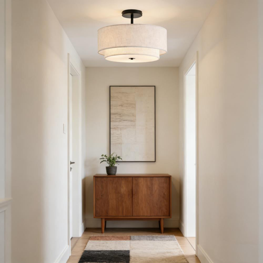 Simple 3-Light Round Double Drum Fabric Ceiling Light