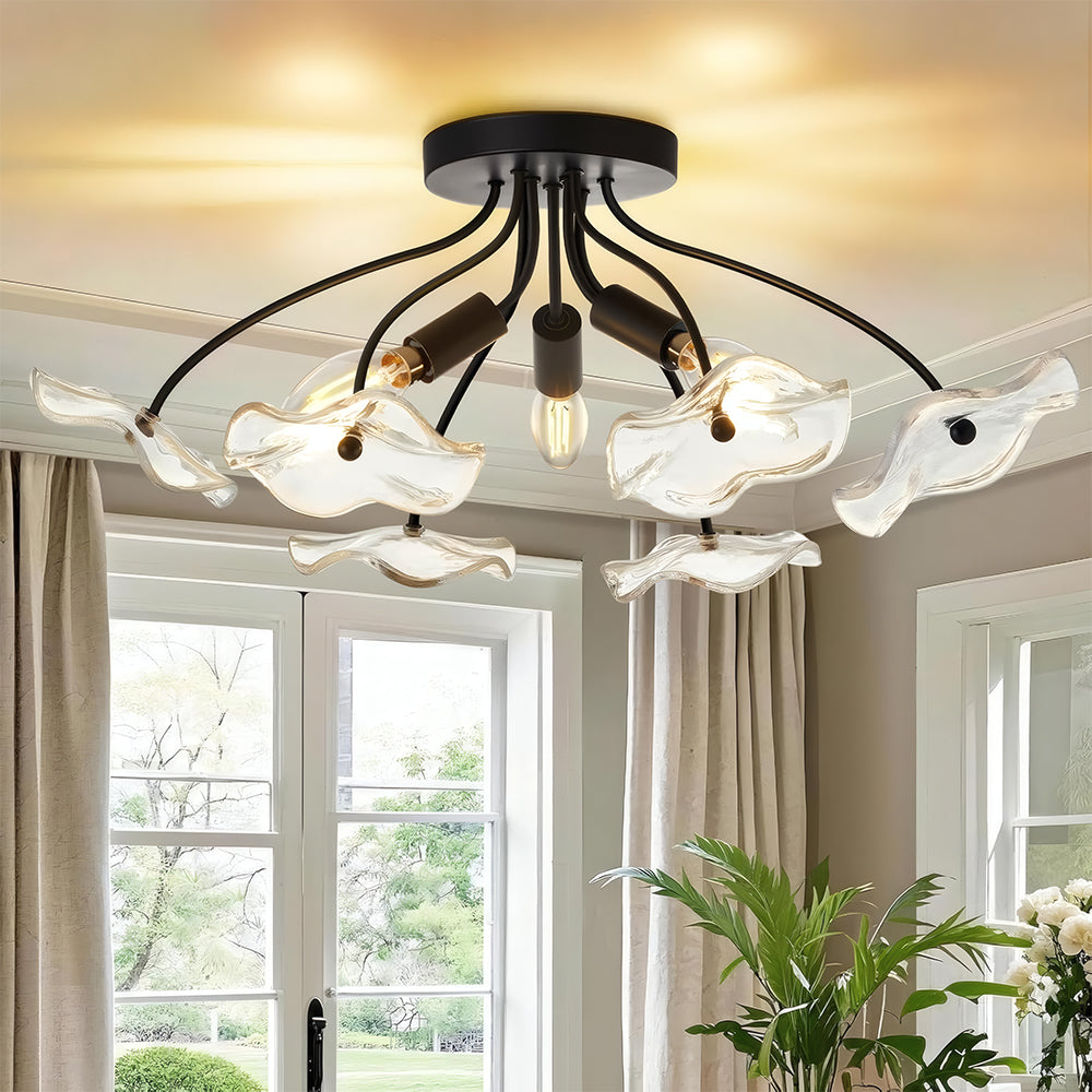 Elegant Multi-Head Floral Glass Black Ceiling Light