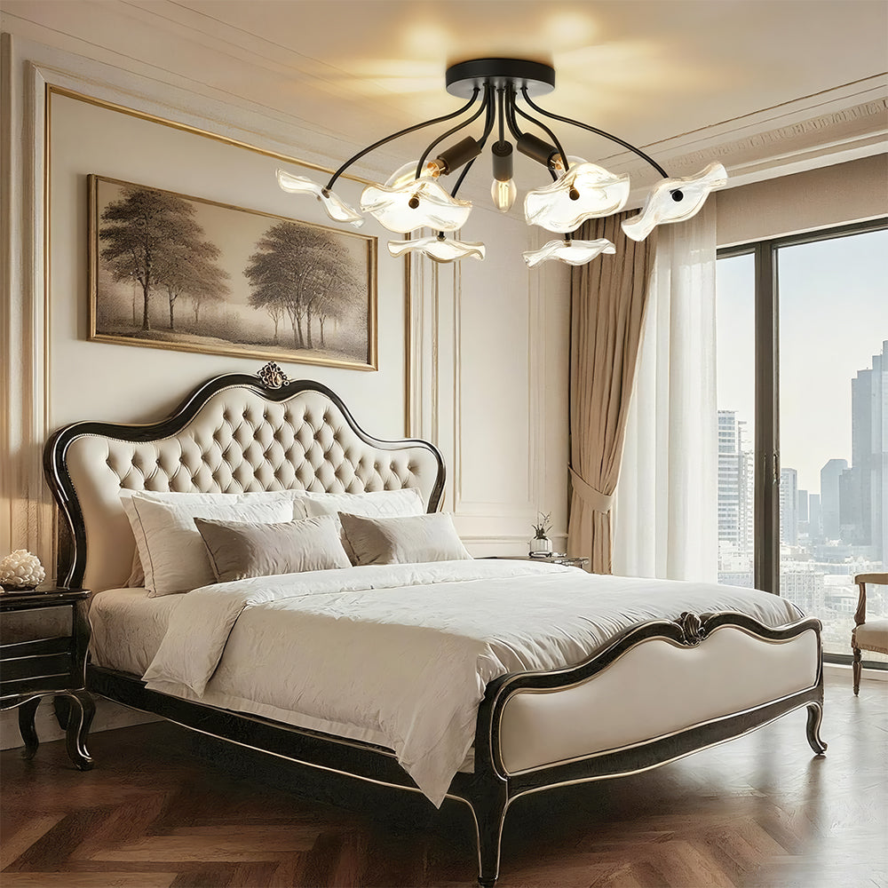 Elegant Multi-Head Floral Glass Black Ceiling Light