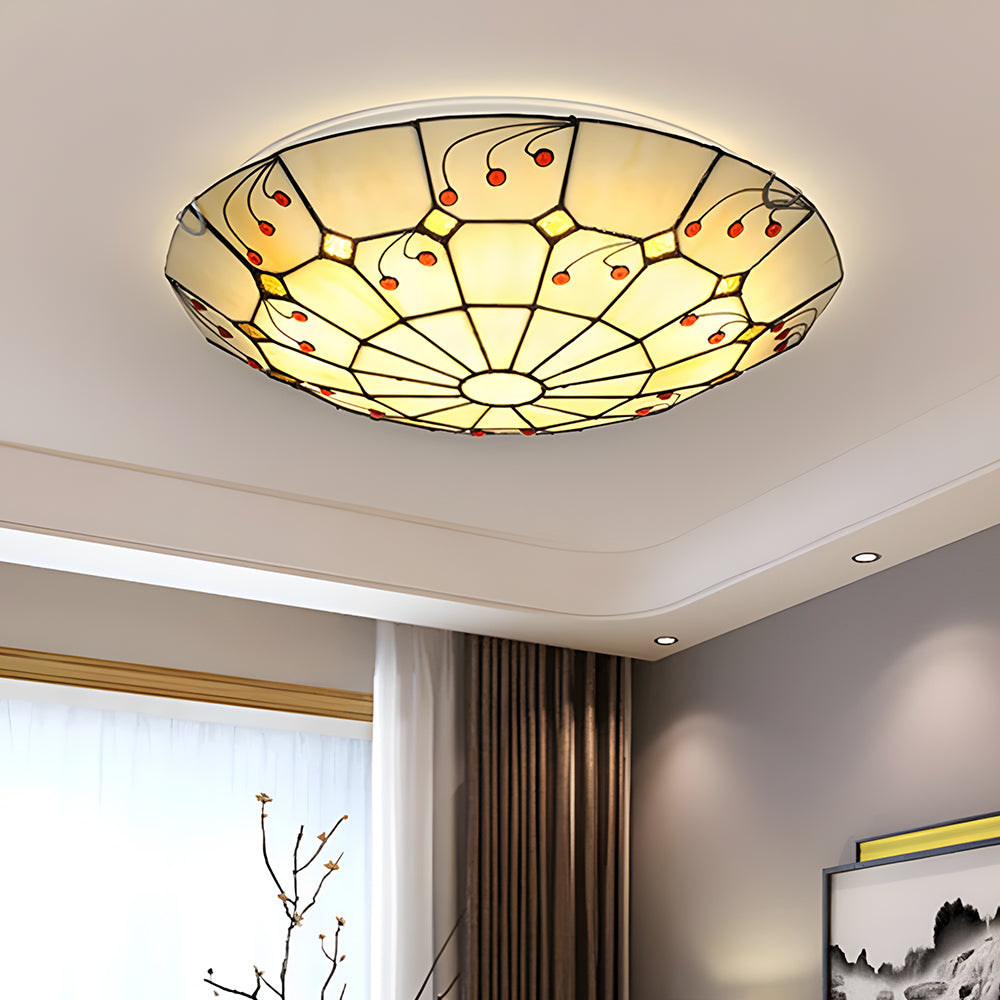 Vintage Tiffany Round Glass & Metal Ceiling Light