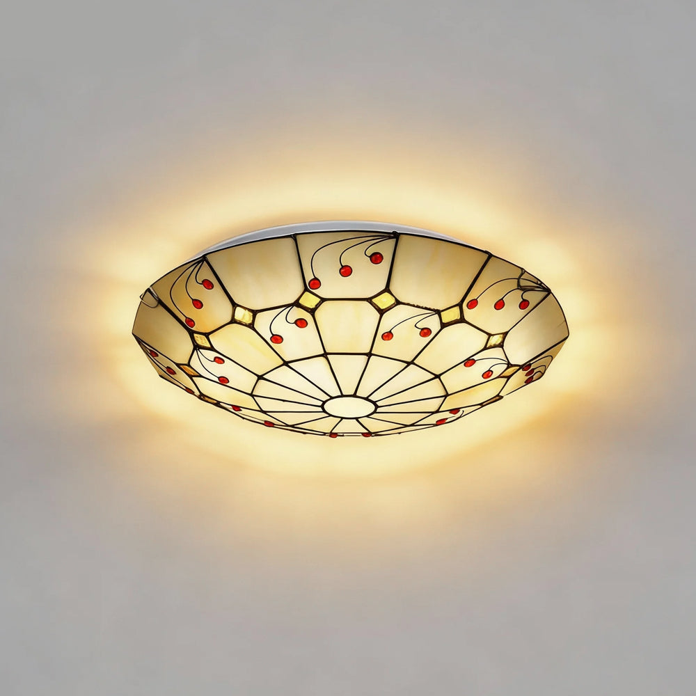 Vintage Tiffany Round Glass & Metal Ceiling Light
