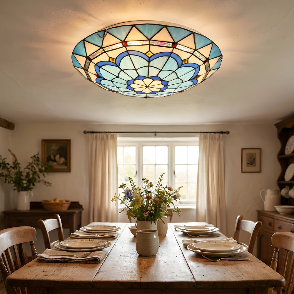 European Vintage Tiffany Round Stained Glass Ceiling Light
