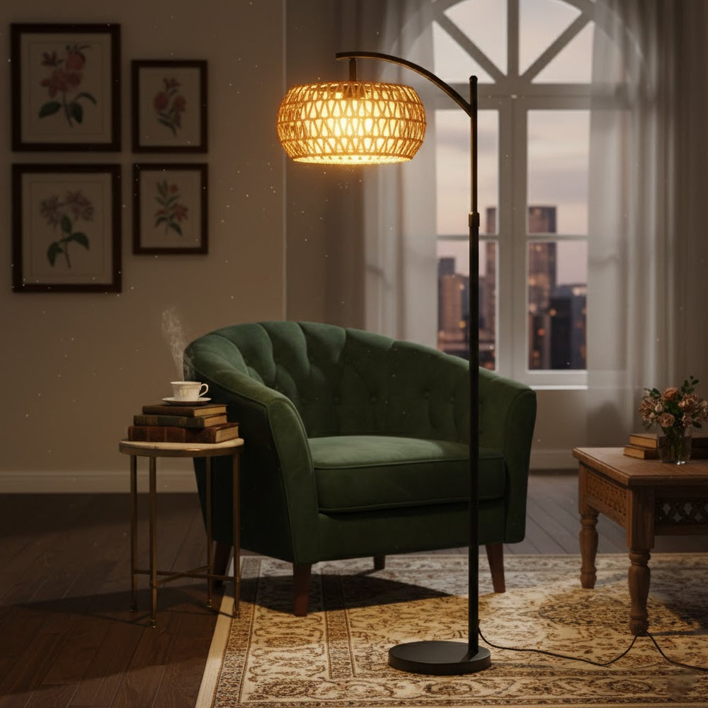 Wabi-sabi Style Hemp Rope Weaving Marble Base Floor Lamp