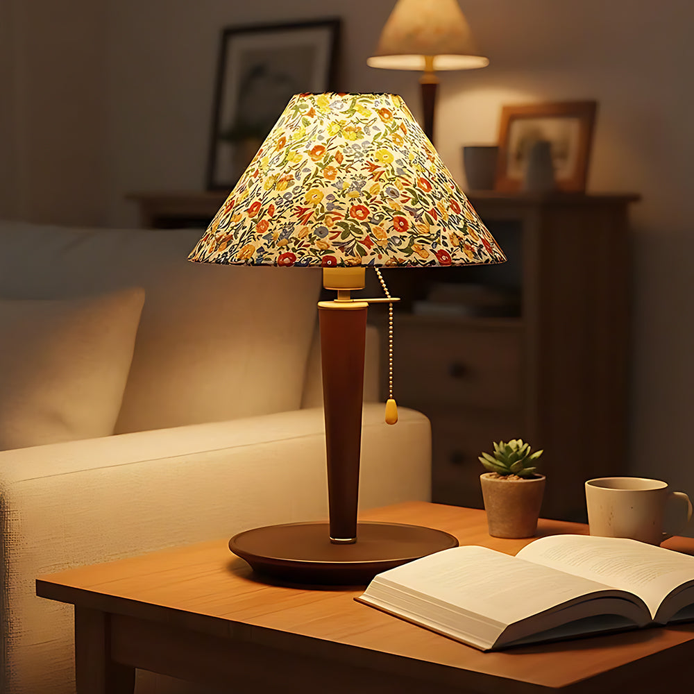 French Vintage Walnut Wood Pleated Table Lamp