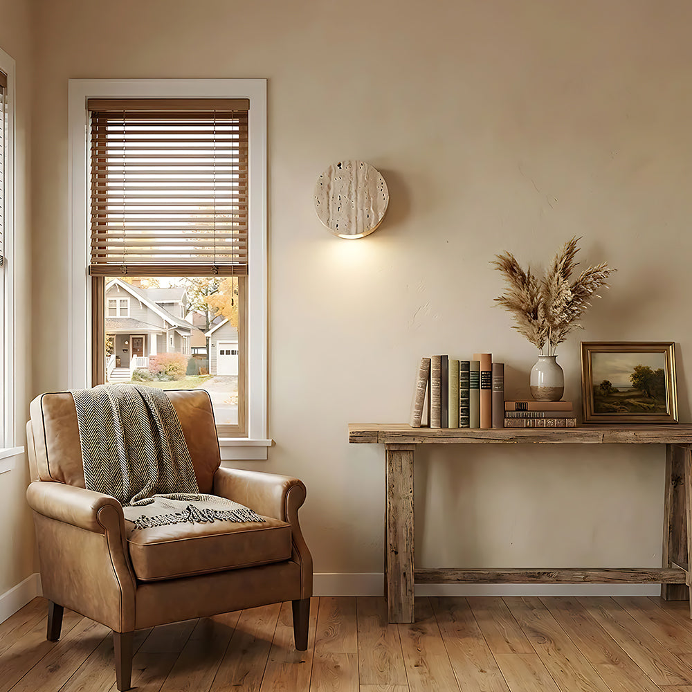 Minimalist Wabi-Sabi Round Travertine Wall Lamp