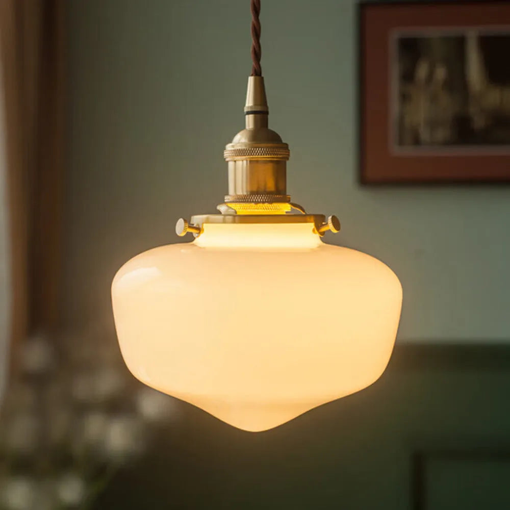 Retro Exquisite Brass Lantern Glass Pendant Light