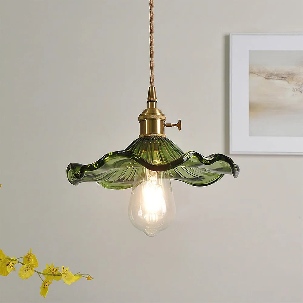 Vintage Glass and Brass Flower Shaped Small Pendant Light