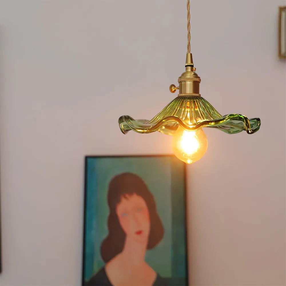 Vintage Glass and Brass Flower Shaped Small Pendant Light